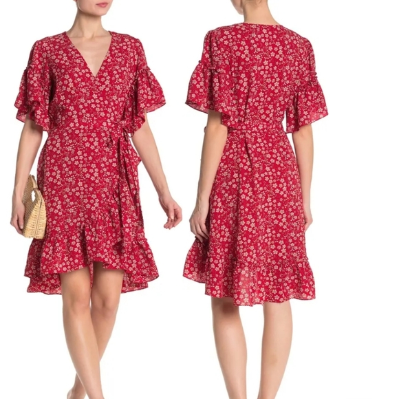 Nwot Max Studio Red Floral Flutter Sleeve Wrap Dress - Picture 4 of 14